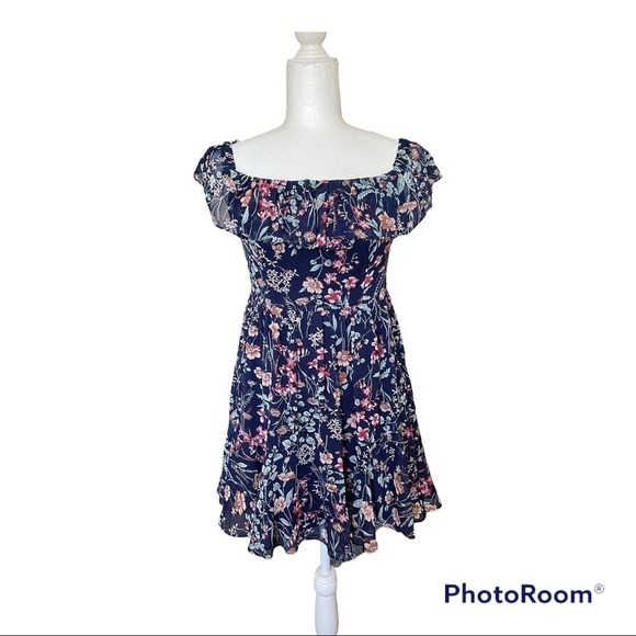 Lulus Navy Blue Floral Print Mini Dress S - Picture 7 of 10